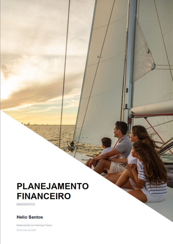 Capa de relatório de planejamento financeiro com família e título do serviço